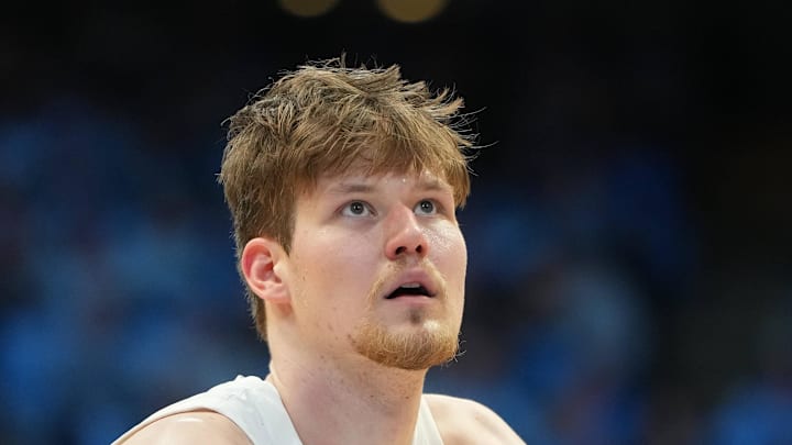 Jan 21, 2026; Chapel Hill, North Carolina, USA; North Carolina Tar Heels center Henri Veesaar (13) at the free throw line in the second half at Dean E. Smith Center. Mandatory Credit: Bob Donnan-Imagn Images