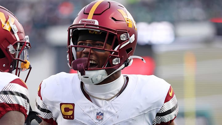 Jan 26, 2025; Philadelphia, PA, USA; Washington Commanders wide receiver Terry McLaurin (17) reacts after a play with wide receiver Olamide Zaccheaus (14) against the Philadelphia Eagles during the first half in the NFC Championship game at Lincoln Financial Field. Mandatory Credit: Bill Streicher-Imagn Images