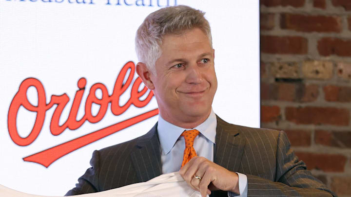 Nov 4, 2025; Baltimore, MD, USA; Right: Baltimore Orioles President of Baseball Operations Mike Elias introduces Left: Craig Albernaz as the new Baltimore Orioles manager at Warehouse Bar. Mandatory Credit: Daniel Kucin Jr.-Imagn Images