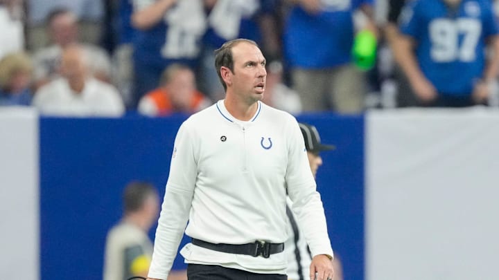 Indianapolis Colts head coach Shane Steichen walks the field Sunday, Sept. 14, 2025, during a game against the Denver Broncos at Lucas Oil Stadium in Indianapolis.