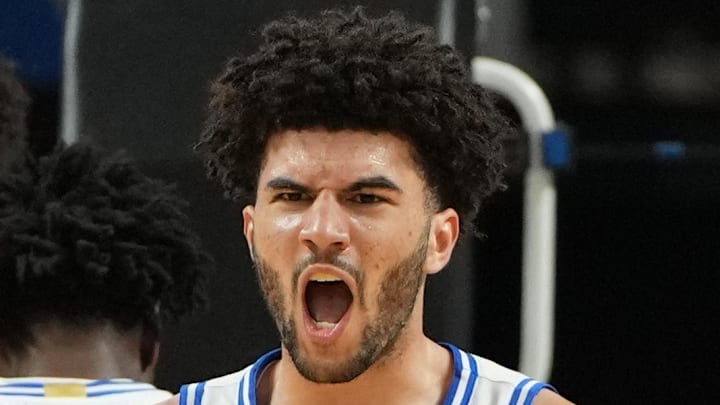 Mar 21, 2026; Greenville, SC, USA;  Duke Blue Devils forward Cameron Boozer (12) reacts with guard Cayden Boozer (2) in the second half during a second round game of the men's 2026 NCAA Tournament at Bon Secours Wellness Arena. Mandatory Credit: Bob Donnan-Imagn Images