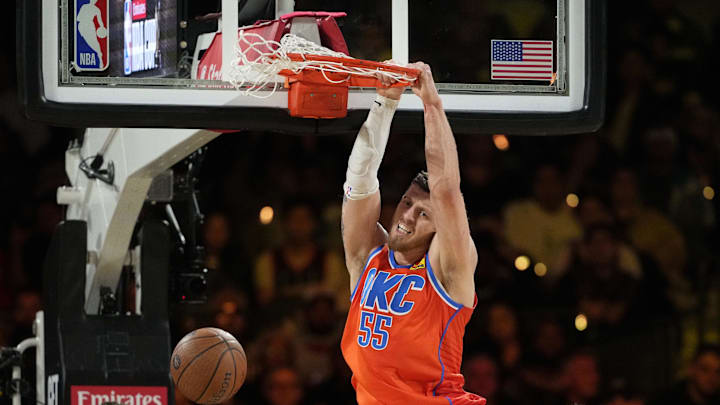 Dec 14, 2024; Las Vegas, Nevada, USA; Oklahoma City Thunder center Isaiah Hartenstein (55) shoots against the Houston Rockets during the fourth quarter in a semifinal of the 2024 Emirates NBA Cup at T-Mobile Arena. Mandatory Credit: Kyle Terada-Imagn Images Dec 14, 2024; Las Vegas, Nevada, USA; Oklahoma City Thunder center Isaiah Hartenstein (55) shoots against the Houston Rockets during the fourth quarter in a semifinal of the 2024 Emirates NBA Cup at T-Mobile Arena. Mandatory Credit: Kyle Terada-Imagn Images