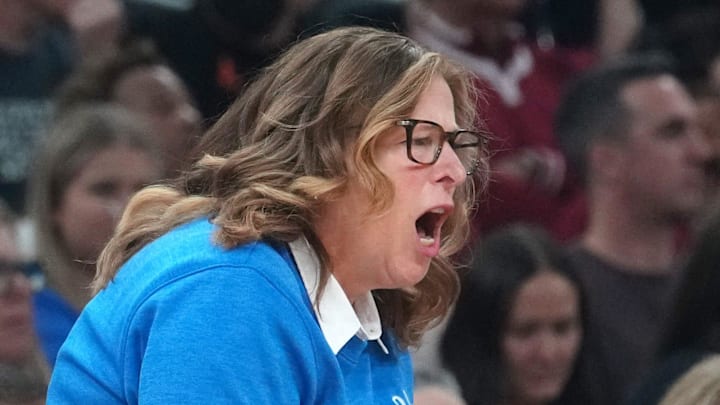 UCLA Bruins head coach Cori Close yells out to her players aas they take on the South Carolina Gamecocks during their NCAA women's basketball national championship game at Mortgage Matchup Center in Phoenix on April 5, 2026.
