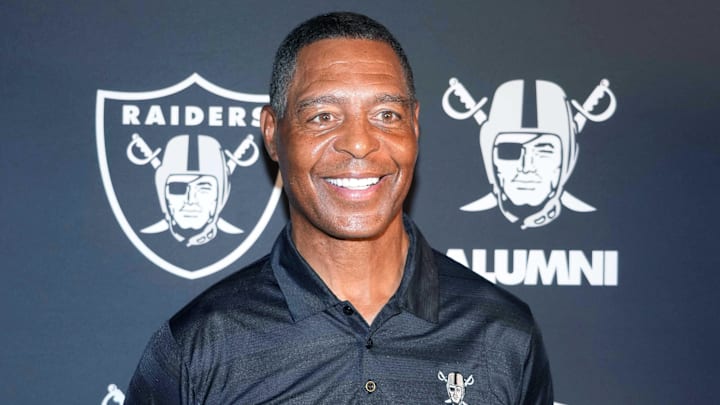 Aug 13, 2023; Paradise, Nevada, USA; Marcus Allen poses on the silver carpet during the Raiders Alumni Reunion at Allegiant Stadium. Mandatory Credit: Kirby Lee-Imagn Images