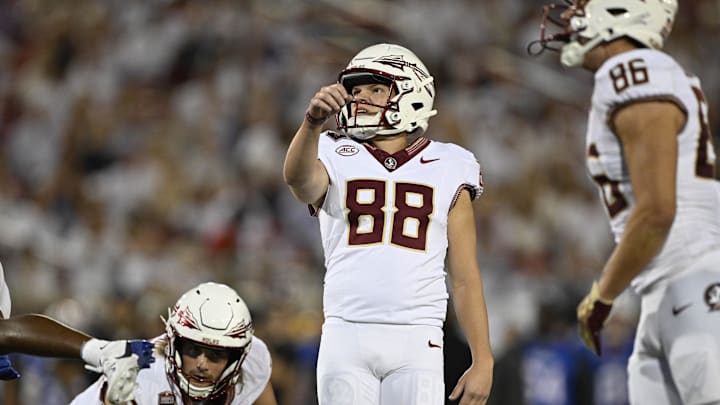Sep 28, 2024; Dallas, Texas, USA; Florida State Seminoles place kicker Ryan Fitzgerald (88) in action during the game between the Southern Methodist Mustangs and the Florida State Seminoles at Gerald J. Ford Stadium. Mandatory Credit: Jerome Miron-Imagn Images