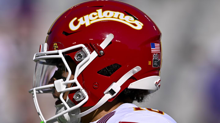 Nov 8, 2025; Fort Worth, Texas, USA; A view of the helmet of Iowa State Cyclones wide receiver Carson Brown (10) before the game against the TCU Horned Frogs at Amon G. Carter Stadium.