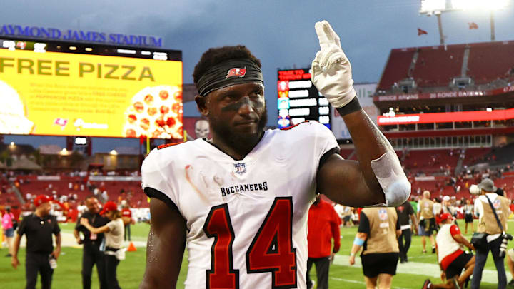 Sep 8, 2024; Tampa, Florida, USA; Tampa Bay Buccaneers wide receiver Chris Godwin (14) greets the fans after they beat the Washington Commanders at Raymond James Stadium. Mandatory Credit: Kim Klement Neitzel-Imagn Images