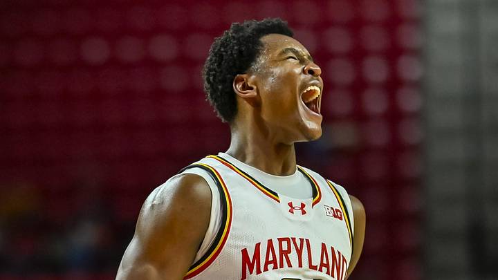 Dec 2, 2025; College Park, Maryland, USA; Maryland Terrapins center Pharrel Payne reacts after dunking during the second half against the Wagner Seahawks at Xfinity Center. Dec 2, 2025; College Park, Maryland, USA; Maryland Terrapins center Pharrel Payne reacts after dunking during the second half against the Wagner Seahawks at Xfinity Center.