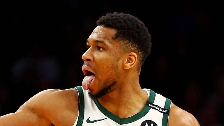 Milwaukee Bucks forward Giannis Antetokounmpo (34) reacts after a play during the second quarter against the Phoenix Suns at Footprint Center on March 24, 2025.