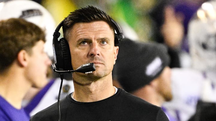 Dec 20, 2025; Eugene, OR, USA; James Madison Dukes head coach Bob Chesney looks on during the second quarter against the Oregon Ducks at Autzen Stadium. Mandatory Credit: Troy Wayrynen-Imagn Images