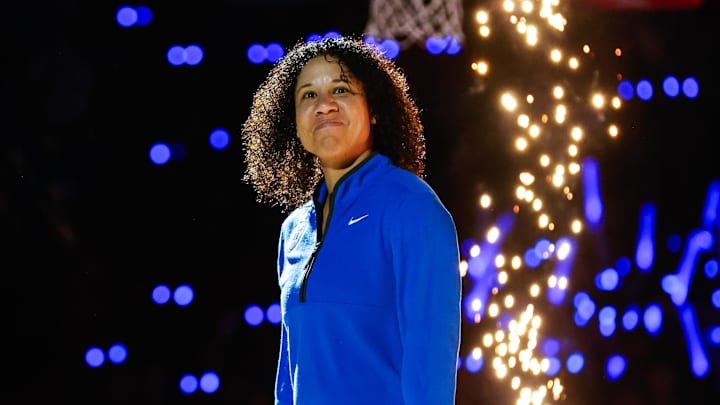 Oct 3, 2025; Durham, NC, USA; Duke Blue Devils head coach Kara Lawson is introduced during player introductions at the Countdown to Craziness at the Cameron Indoor Stadium. Mandatory Credit: Jaylynn Nash-Imagn Images
