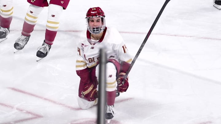 Boston College men's hockey forward Landan Resendes celebrates his goal against Maine at Conte Forum on Nov. 21, 2025. Boston College men's hockey forward Landan Resendes celebrates his goal against Maine at Conte Forum on Nov. 21, 2025.
