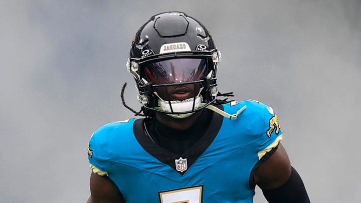 Jacksonville Jaguars wide receiver Brian Thomas Jr. (7) runs on the field before an NFL football matchup at EverBank Stadium, Sunday, Jan. 4, 2026, in Jacksonville, Fla. The Jaguars defeated the Titans 41-7, capturing the AFC South title.