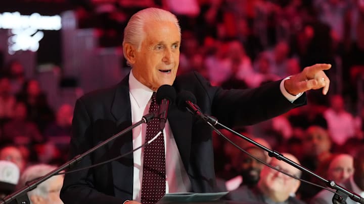 Oct 23, 2024; Miami, Florida, USA;  Miami Heat president Pat Riley addresses the crowd (Mandatory Credit: Jim Rassol-Imagn Images)