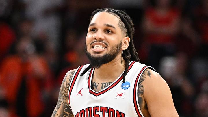Mar 26, 2026; Houston, TX, USA; Houston Cougars guard Emanuel Sharp (21) reacts in the second half during a Sweet Sixteen game of the South Regional of the men's 2026 NCAA Tournament at Toyota Center. Mandatory Credit: Maria Lysaker-Imagn Images Mar 26, 2026; Houston, TX, USA; Houston Cougars guard Emanuel Sharp (21) reacts in the second half during a Sweet Sixteen game of the South Regional of the men's 2026 NCAA Tournament at Toyota Center. Mandatory Credit: Maria Lysaker-Imagn Images