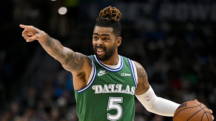 Oct 26, 2025; Dallas, Texas, USA; Dallas Mavericks guard D'Angelo Russell (5) brings the ball up court during the game between the Mavericks and the Raptors at the American Airlines Center. Mandatory Credit: Jerome Miron-Imagn Images