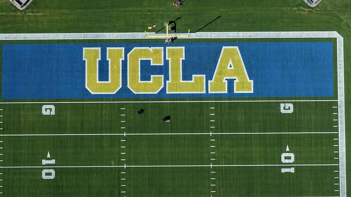 May 2, 2026; Pasadena, CA, USA; A general overall view of the UCLA Bruins logo in the end zone at the Rose Bowl. Mandatory Credit: Kirby Lee-Imagn Images May 2, 2026; Pasadena, CA, USA; A general overall view of the UCLA Bruins logo in the end zone at the Rose Bowl. Mandatory Credit: Kirby Lee-Imagn Images