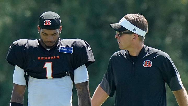 Cincinnati Bengals wide receiver Ja'Marr Chase goes down with an apparent injury at practice on Tuesday, Aug. 25.