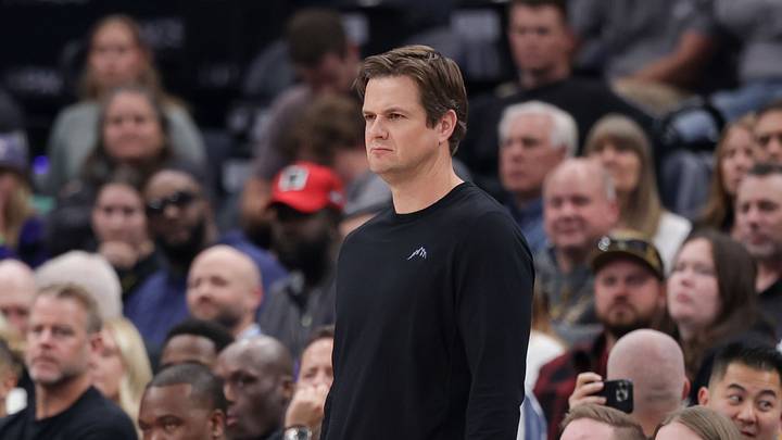 Apr 1, 2026; Salt Lake City, Utah, USA;  Utah Jazz Head Coach Will Hardy watches the team from the sidelines during the second quarter against the Denver Nuggets at Delta Center. Mandatory Credit: Chris Nicoll-Imagn Images