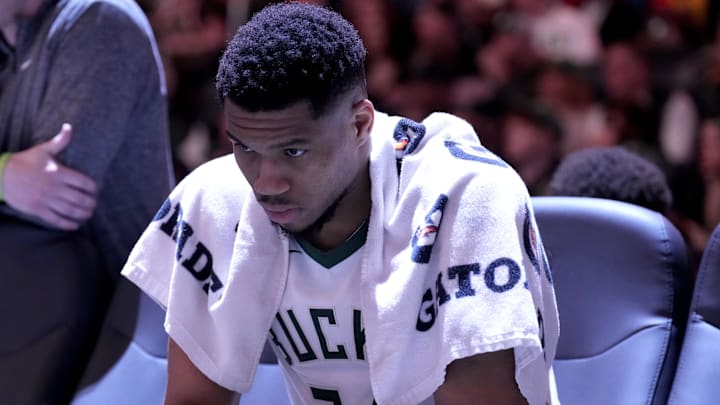 Mar 8, 2025; Milwaukee, Wisconsin, USA; Milwaukee Bucks forward Giannis Antetokounmpo (34) sits on the bench during a time out against the Orlando Magic in the second half at Fiserv Forum. Mandatory Credit: Michael McLoone-Imagn Images Mar 8, 2025; Milwaukee, Wisconsin, USA; Milwaukee Bucks forward Giannis Antetokounmpo (34) sits on the bench during a time out against the Orlando Magic in the second half at Fiserv Forum. Mandatory Credit: Michael McLoone-Imagn Images