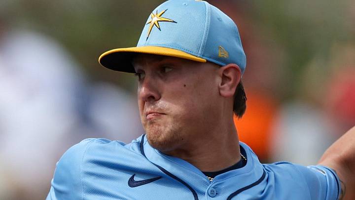 Mar 1, 2025; Port Charlotte, Florida, USA; Tampa Bay Rays pitcher Joe Rock (68) throws a pitch against the New York Mets in the sixth inning during spring training at Charlotte Sports Park. Mandatory Credit: Nathan Ray Seebeck-Imagn Images