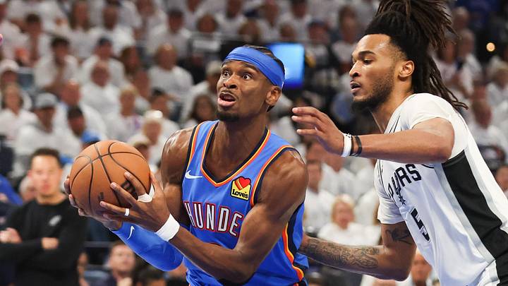 May 20, 2026; Oklahoma City, Oklahoma, USA; Oklahoma City Thunder guard Shai Gilgeous-Alexander (2) looks to shoot as San Antonio Spurs guard Stephon Castle (5) defends during the third quarter during game two of the western conference finals for the 2026 NBA playoffs at Paycom Center. Mandatory Credit: Brett Rojo-Imagn Images May 20, 2026; Oklahoma City, Oklahoma, USA; Oklahoma City Thunder guard Shai Gilgeous-Alexander (2) looks to shoot as San Antonio Spurs guard Stephon Castle (5) defends during the third quarter during game two of the western conference finals for the 2026 NBA playoffs at Paycom Center. Mandatory Credit: Brett Rojo-Imagn Images