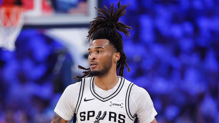 May 20, 2026; Oklahoma City, Oklahoma, USA; San Antonio Spurs guard Stephon Castle (5) looks to pass during the second quarter against the Oklahoma City Thunder during game two of the western conference finals for the 2026 NBA playoffs at Paycom Center. Mandatory Credit: Alonzo Adams-Imagn Images