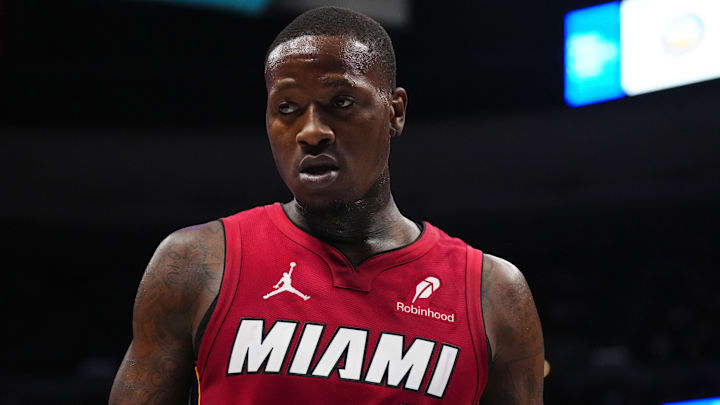 Nov 8, 2024; Denver, Colorado, USA; Miami Heat guard Terry Rozier (2) during the second quarter against the Denver Nuggets at Ball Arena. Mandatory Credit: Ron Chenoy-Imagn Images