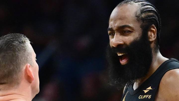 Cleveland Cavaliers guard James Harden (1) argues a call with  referee Nick Buchert (3) during the first half against the Toronto Raptors of game seven in the first round of the 2026 NBA Playoffs at Rocket Arena on May 3, 2026.