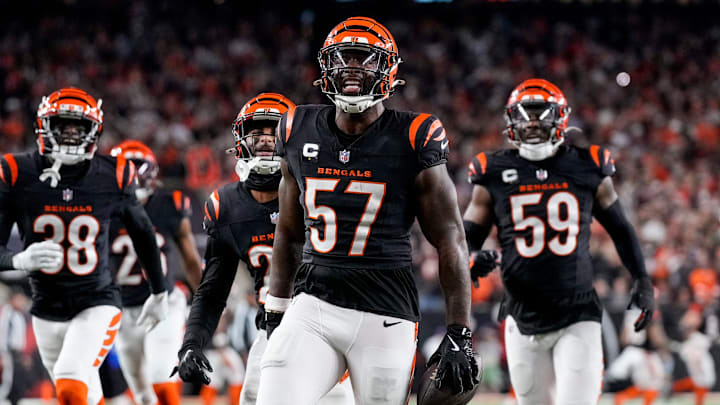 Cincinnati Bengals linebacker Germaine Pratt (57) celebrates an interception in the fourth quarter of the NFL Week 17 game between the Cincinnati Bengals and the Denver Broncos at Paycor Stadium in downtown Cincinnati on Saturday, Dec. 28, 2024. The Bengals took a 30-24 win in overtime to remain in the post season chase. Cincinnati Bengals linebacker Germaine Pratt (57) celebrates an interception in the fourth quarter of the NFL Week 17 game between the Cincinnati Bengals and the Denver Broncos at Paycor Stadium in downtown Cincinnati on Saturday, Dec. 28, 2024. The Bengals took a 30-24 win in overtime to remain in the post season chase.