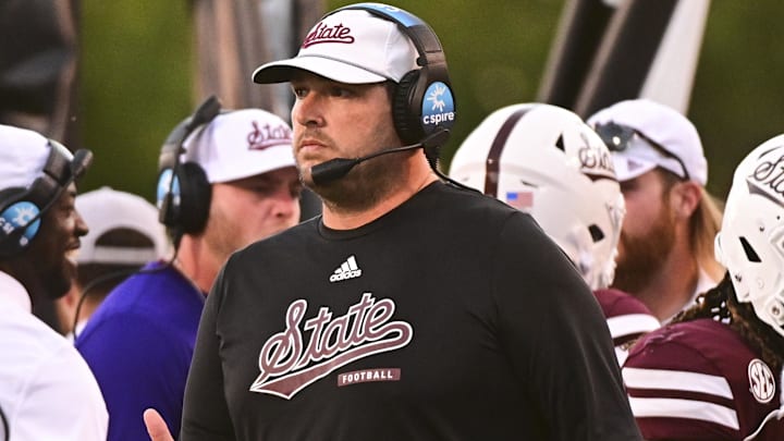 Mississippi State Bulldogs coach Jeff Lebby stands on the sidelines during the fourth quarter against the Texas A&M Aggies at Davis Wade Stadium at Scott Field.