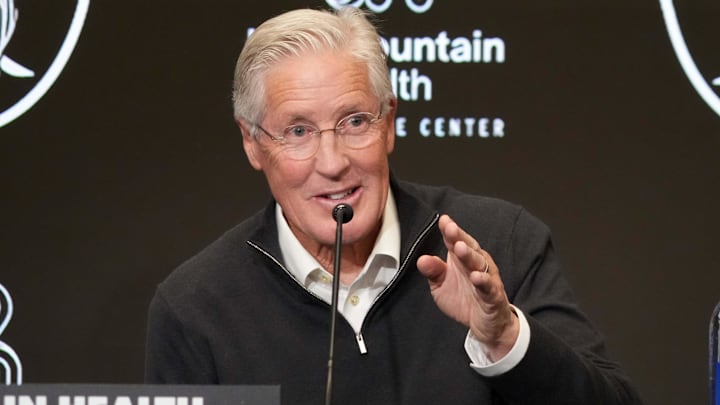 Jan 27, 2025; Las Vegas, NV, USA; Las Vegas Raiders coach Pete Carroll at press conference at Intermountain Health Performance Center. Mandatory Credit: Kirby Lee-Imagn Images