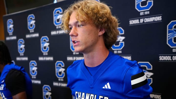 Chandler quarterback Will Mencl (7) talks to the media during the Chandler Unified School District football Media Day in Chandler, on July 29, 2025.