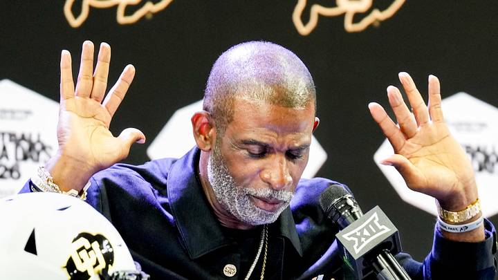 Jul 7, 2026; Frisco, TX, USA; Colorado head coach Deion Sanders speaks to reporters during Big 12 Conference Football Media Days at The Star. Jul 7, 2026; Frisco, TX, USA; Colorado head coach Deion Sanders speaks to reporters during Big 12 Conference Football Media Days at The Star.