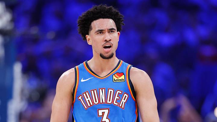 May 18, 2026; Oklahoma City, Oklahoma, USA; Oklahoma City Thunder guard Jared McCain (3) reacts in the second quarter against the San Antonio Spurs during game one of the western conference finals for the 2026 NBA playoffs at Paycom Center. Mandatory Credit: Alonzo Adams-Imagn Images May 18, 2026; Oklahoma City, Oklahoma, USA; Oklahoma City Thunder guard Jared McCain (3) reacts in the second quarter against the San Antonio Spurs during game one of the western conference finals for the 2026 NBA playoffs at Paycom Center. Mandatory Credit: Alonzo Adams-Imagn Images