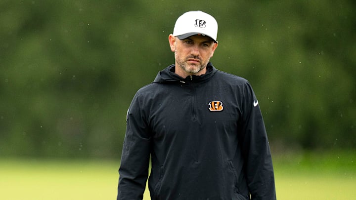 Cincinnati Bengals offensive coordinator Dan Pitcher looks on during the Cincinnati Bengals practice in Cincinnati on Tuesday, May 27, 2025.