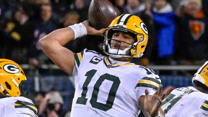 Green Bay Packers quarterback Jordan Love (10) throws downfield against the Chicago Bears during their wild-card game.