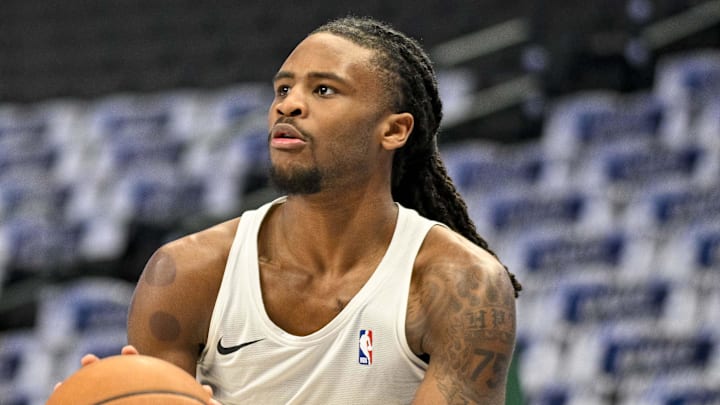 May 13, 2024; Dallas, Texas, USA; Oklahoma City Thunder guard Cason Wallace (22) warms up before the game between the Dallas Mavericks and the Oklahoma City Thunder in game four of the second round for the 2024 NBA playoffs at American Airlines Center. Mandatory Credit: Jerome Miron-Imagn Images