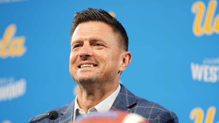 Dec 9, 2025; Los Angeles, CA, USA; Bob Chesney is introduced as UCLA Bruins football coach at press conference at Renee Luskin Conference Center Centennial Ballroom. Mandatory Credit: Kirby Lee-Imagn Images