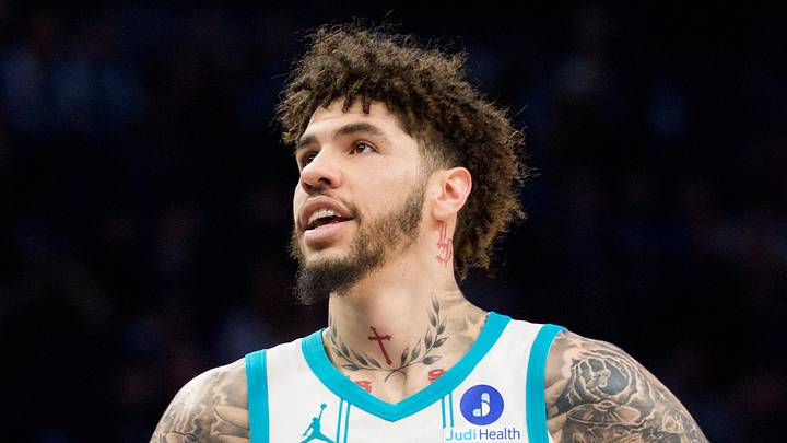 Apr 5, 2026; Minneapolis, Minnesota, USA; Charlotte Hornets guard LaMelo Ball (1) during a stoppage in the first quarter against the Minnesota Timberwolves at Target Center. Mandatory Credit: Matt Blewett-Imagn Images