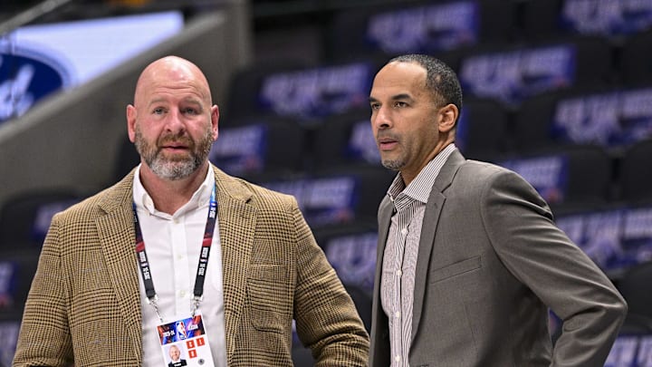 Jan 3, 2024; Dallas, Texas, USA; Portland Trail Blazers general manager Joe Cronin (left) and Dallas Mavericks general manager Nico Harrison (right) before the game between the Dallas Mavericks and the Portland Trail Blazers at the American Airlines Center. Mandatory Credit: Jerome Miron-Imagn Images