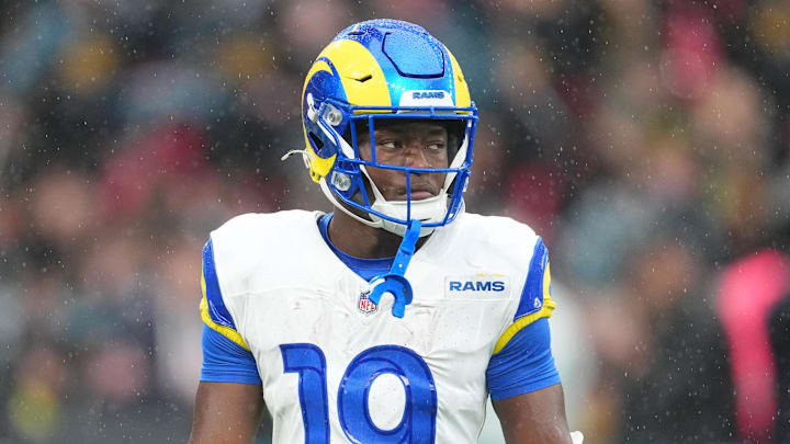 Oct 19, 2025; London, United Kingdom; Los Angeles Rams wide receiver Xavier Smith (19) warms up before a NFL International Series game between the Los Angeles Rams and the Jacksonville Jaguars at Wembley Stadium. Mandatory Credit: Kirby Lee-Imagn Images