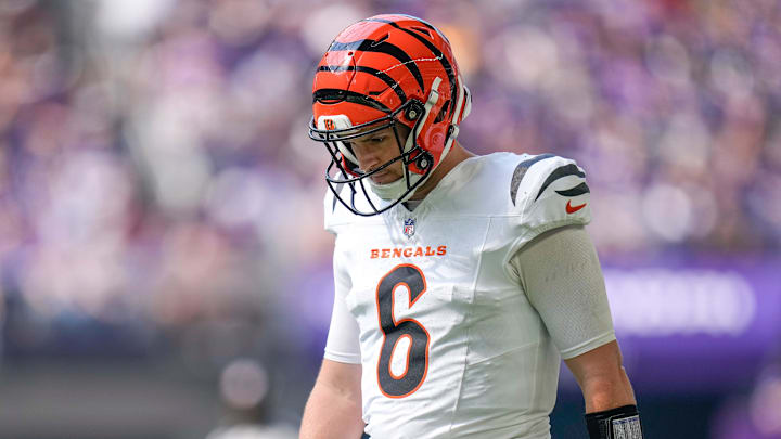 Cincinnati Bengals quarterback Jake Browning (6) walks on the field in the second quarter of the NFL Week 3 game between the Minnesota Vikings and the Cincinnati Bengals at U.S. Bank Stadium in Minneapolis on Sunday, Sept. 21, 2025.