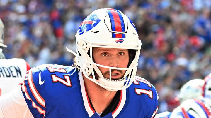 Oct 4, 2026; Orchard Park, New York, USA;  Buffalo Bills quarterback Josh Allen (17) celebrates after scoring a touchdown during the second quarter against the New England Patriots at New Highmark Stadium.  Mandatory Credit: Mark Konezny-Imagn Images