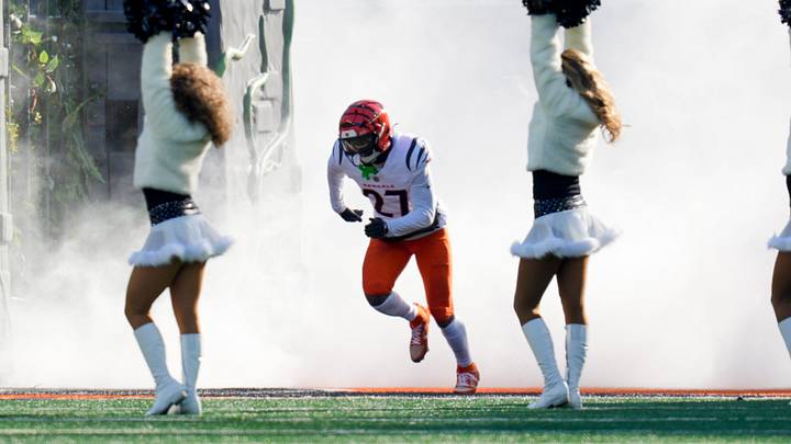 Cincinnati Bengals safety Jordan Battle (27) is introduced before the first quarter of the NFL Week 15 game between the Cincinnati Bengals and the Baltimore Ravens at Paycor Stadium in Cincinnati on Sunday, Dec. 14, 2025.