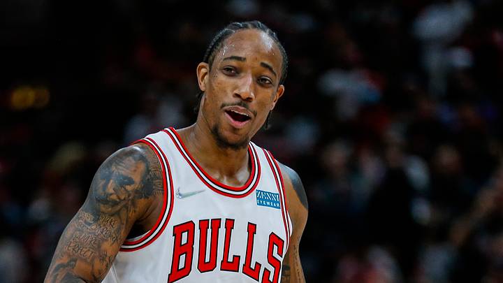 Nov 21, 2021; Chicago, Illinois, USA; Chicago Bulls forward DeMar DeRozan (11) reacts after a play against the New York Knicks during the second half at United Center. The Chicago Bulls won 109-103. Mandatory Credit: Jon Durr-USA TODAY Sports