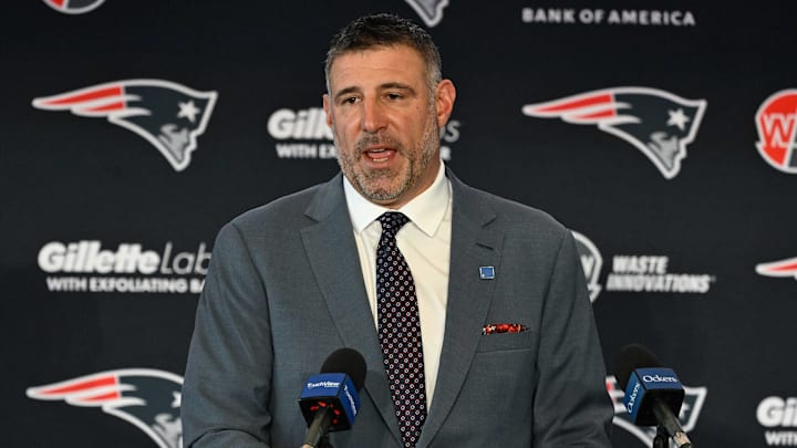 Jan 13, 2025; Foxborough, MA, USA; Mike Vrabel addresses media at a press conference to announce his hiring as the New England Patriots head coach at Gillette Stadium. Mandatory Credit: Eric Canha-Imagn Images