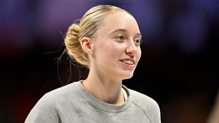 Jun 28, 2025; Arlington, Texas, USA; Dallas Wings guard Paige Bueckers (5) looks on during the first half against the Washington Mystics at College Park Center. Mandatory Credit: Jerome Miron-Imagn Images