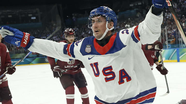 Feb 12, 2026; Milan, Italy;  Brock Nelson of United States celebrates scoring their second goal against Latvia in men's ice hockey group C play during the Milano Cortina 2026 Olympic Winter Games at Milano Santagiulia Ice Hockey Arena. Mandatory Credit: Geoff Burke-Imagn Images