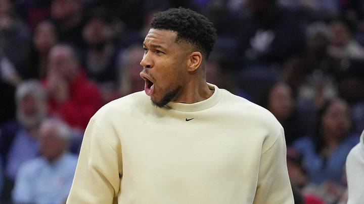 Milwaukee Bucks forward Giannis Antetokounmpo reacts  (Mandatory Credit: Kyle Ross-Imagn Images)